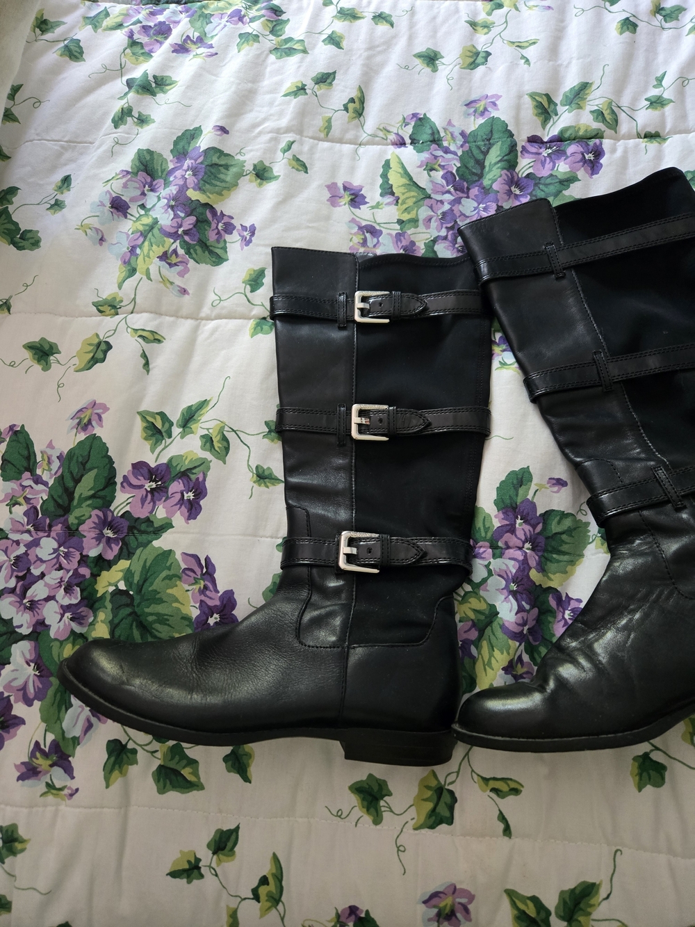 Calvin Klein Black Leather Knee-High Buckle Heeled Boots